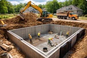 Utgrävd husgrund med betongväggar, grävmaskin och byggarbetare