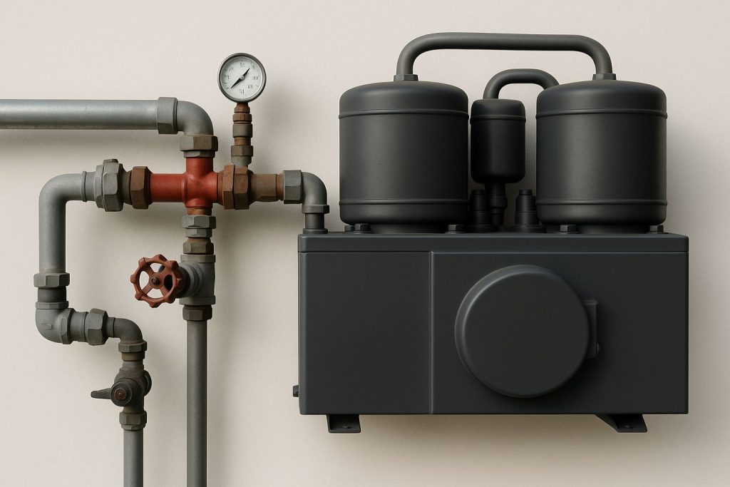 Diagram som illustrerar hur en värmepump ansluts till ett hus för uppvärmning.