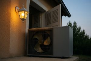 Utomhusdel av modern luftvärmepump installerad på husvägg intill trädgård.