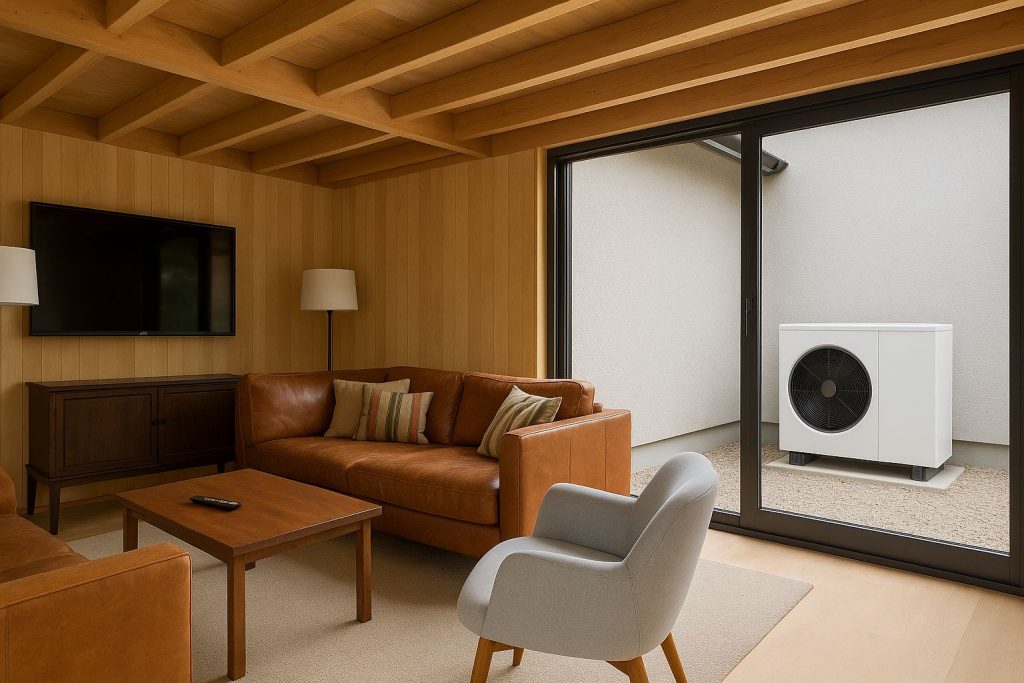 Vardagsrum med grå soffa, trägolv och värmepumpens inomhusdel intill väggen